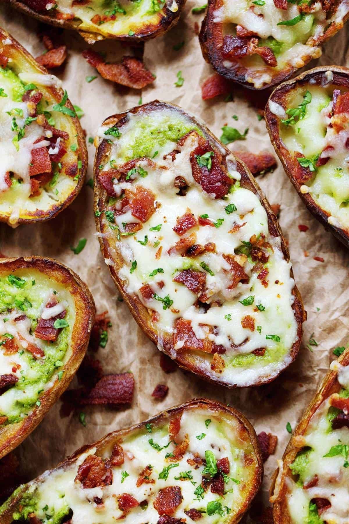 Cheesy Bacon and Kale Potato Skins.