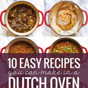 Collage of foods in dutch ovens.