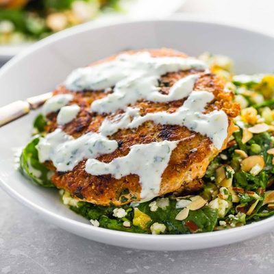 Lemon Herb Salmon Burger with sauce.