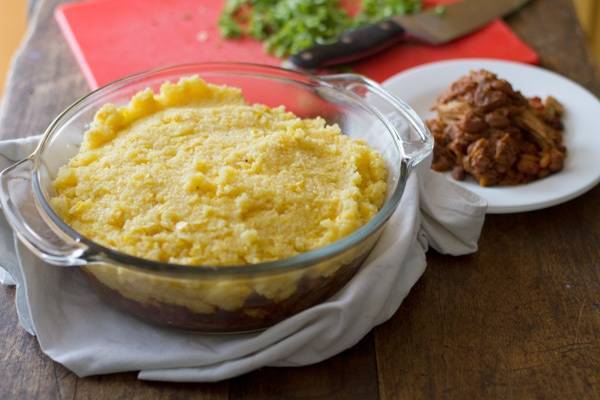 Mexican polenta pie in a clear dish.