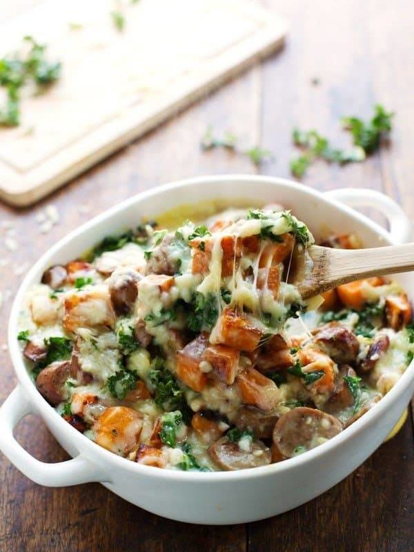A picture of Sweet Potato, Kale, and Sausage Bake with White Cheese Sauce