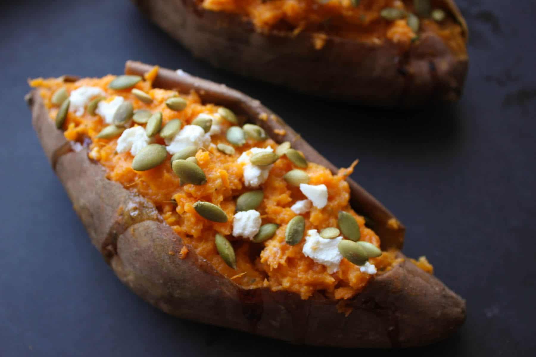 mashed-sweet-potatoes-with-goat-cheese-and-pepitas