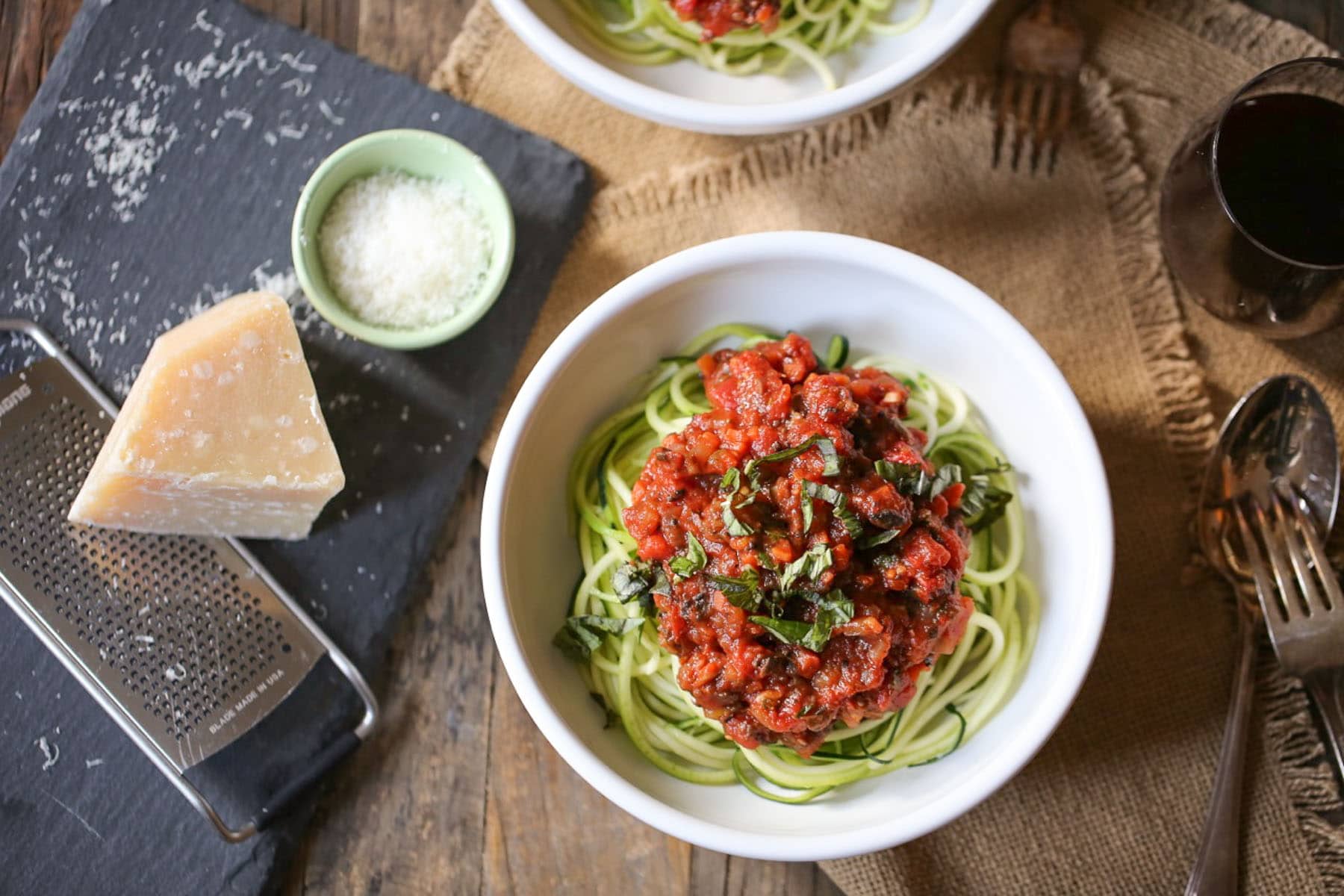 Finished portobello mushroom sauce on top of zucchini noodles.