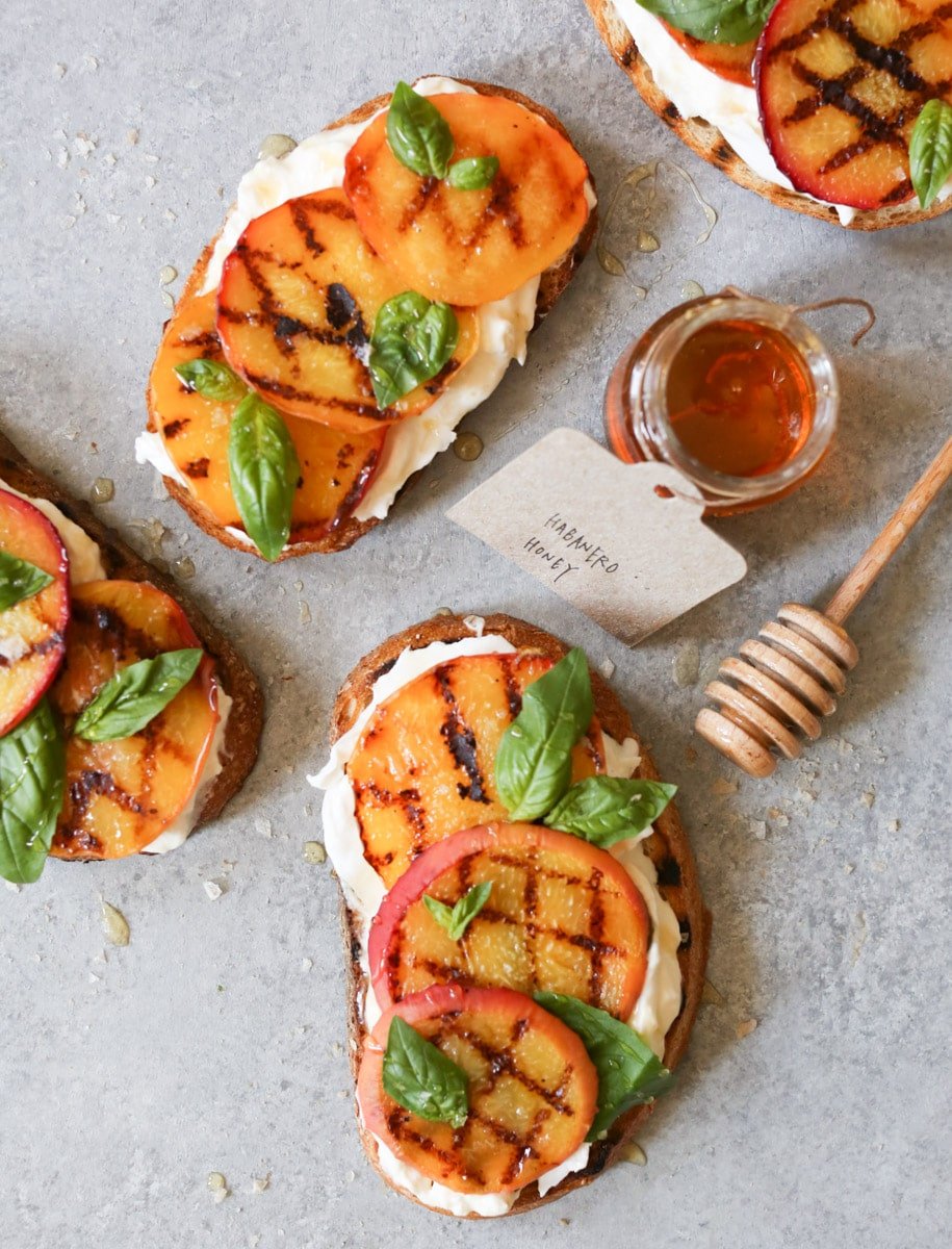 Grilled-Peach-Tartines-with-Burrata-Basil-Honey