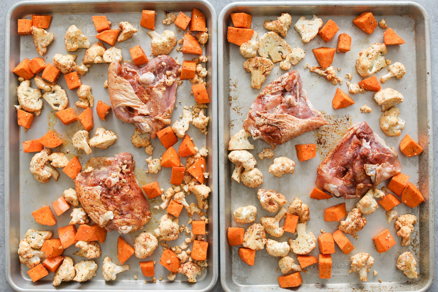 Sheet Pan Chicken Thighs with Cauliflower, Sweet Potatoes, and Pomegranate