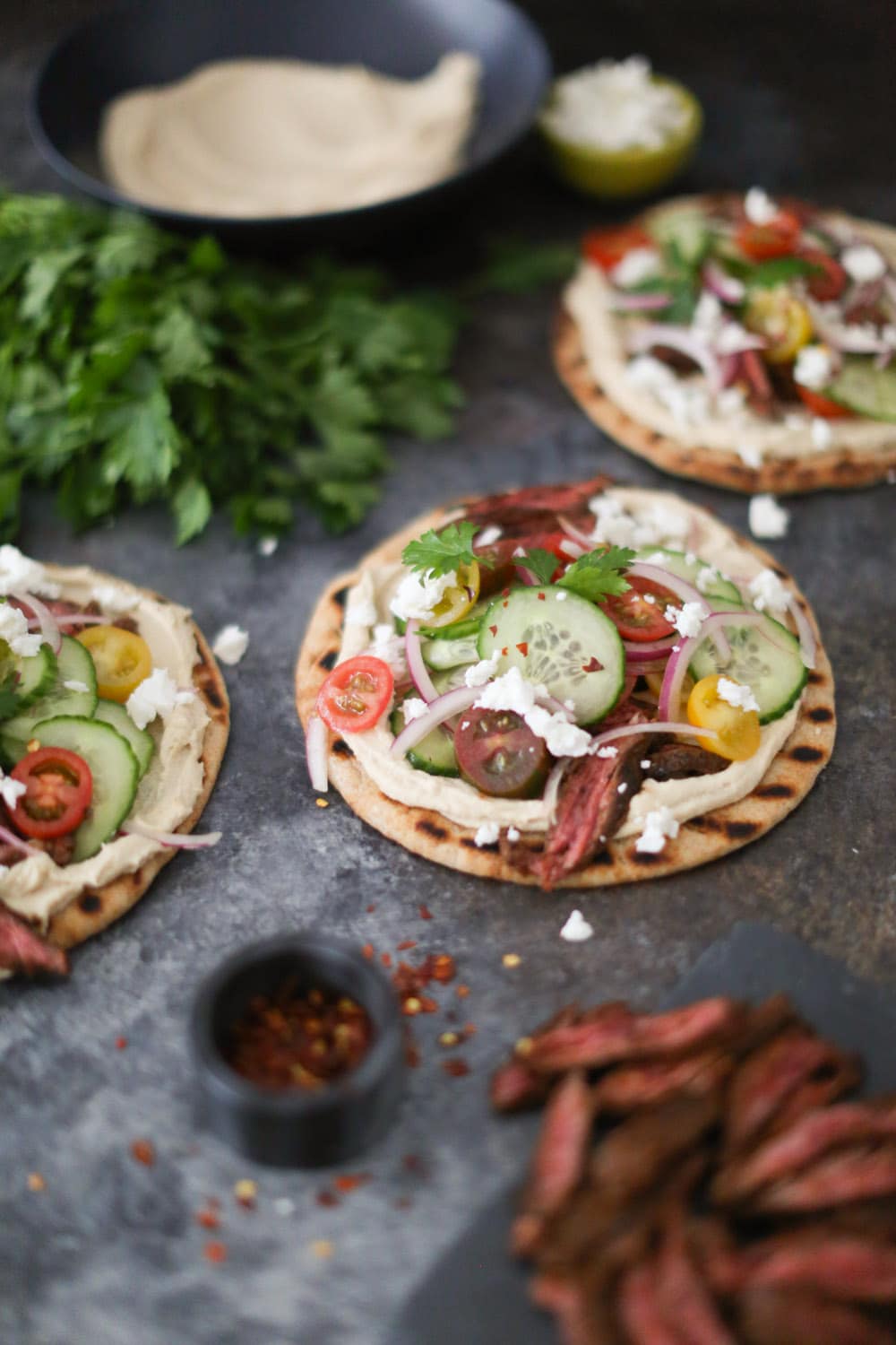 Mediterranean Grilled Skirt Steak Flatbreads