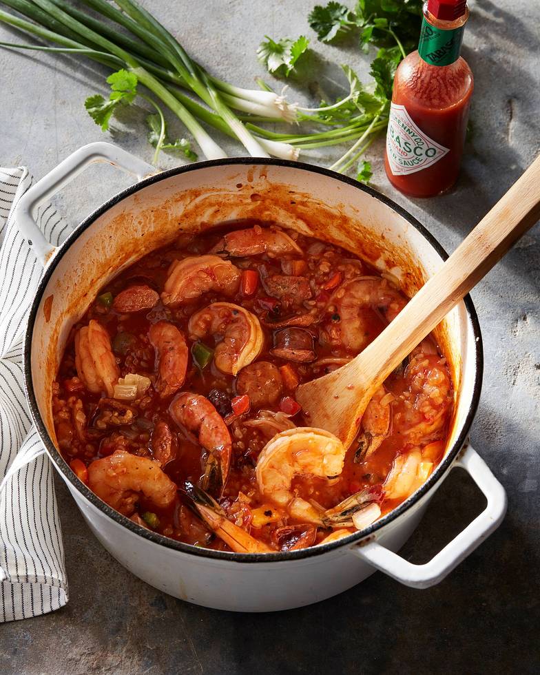 Brown Rice Jambalaya with Shrimp and Chicken Sausage in a pot.