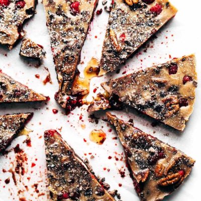 Chocolate Raspberry Almond Butter Bars on parchment paper.