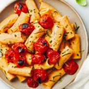 A picture of Creamy Vegan Red Pepper Pasta with Blistered Tomatoes